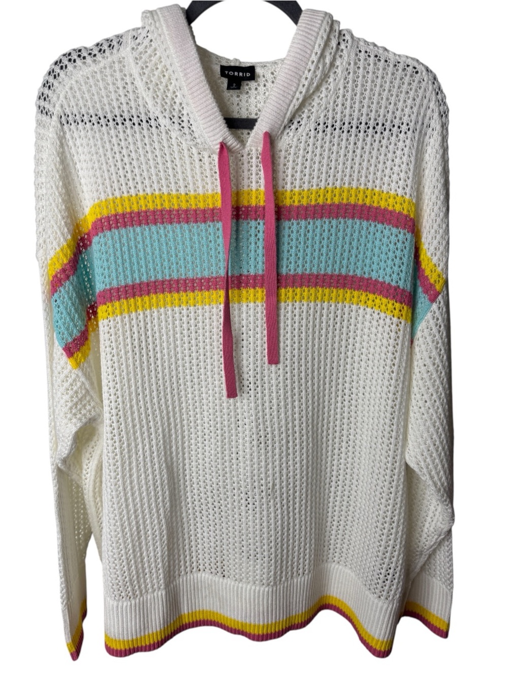Torrid Pointelle Boxy Hoodie Open Knit Striped Sweater White Plus Size 2X
